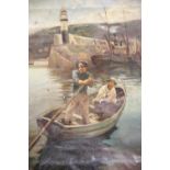 Unsigned oil on canvas of two fishermen in a boat in poor condition. 43 x 66 cm, This lot is not