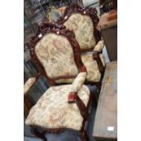 Two large high backed elbow chairs with upholstered seats and backs. This lot is not available for