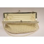 Pure silk evening bag, cream and cultured pearl handle - can be un-clipped to wear on neck. P&P