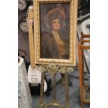 Antique oil on canvas Edwardian type dressed lady in a gilt frame and a brass floor display easel,