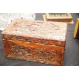 Mid sized stained wood heavily carved Oriental type carved wood table box, 30 x 40 x 20 cm. P&P