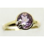9ct gold amethyst solitaire ring, surmounted with diamonds, size O/P, 2.7g. P&P Group 1 (£14+VAT for