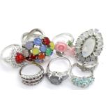 Eight silver stone set rings, including moonstone and diamond examples, total weight 56g. P&P