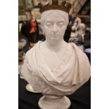Large plaster bust of Queen Victoria. H: 77 cm. This lot not available for in-house P&P.