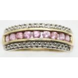 9ct gold ring set with diamonds and pink stones, 3.3g, size O. P&P Group 1 (£14+VAT for the first