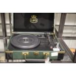 Green GPO Ambassador briefcase 3 speed record player USB recorder; built in twin stereo speakers;