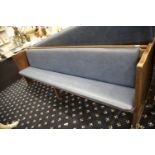 *** WITHDRAWN *** Oak church pew with centre leg and hymnal shelf to back, with upholstered seat and