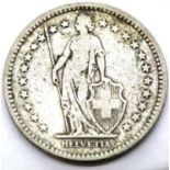 1904 - Silver 2 Francs Switzerland / Helvetia. P&P Group 1 (£14+VAT for the first lot and £1+VAT for