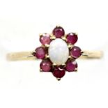 9ct gold opal and ruby set cluster ring, size P, 1.2g. P&P Group 1 (£14+VAT for the first lot and £