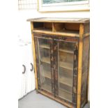 Two door glazed shelved display cabinet with decorative panels and bamboo framed work. This lot is