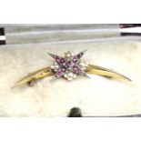 Antique 9ct yellow gold ruby and seed pearl set brooch, 2.9g, L: 4.5 cm. P&P Group 1 (£14+VAT for