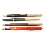 Four mixed fountain pens including a 14ct gold nibbed example, P&P Group 1 (£14+VAT for the first