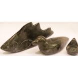Three pieces of carved stone Inuit type items to include a Seal, Fish and Woman by Esquimau. P&P