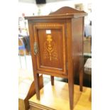Edwardian mahogany pot cupboard, satinwood inlaid raised on tapering supports, H: 80 cm. This lot is