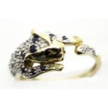 9ct gold sapphire and diamond set leopard ring, size L, 3.0g. P&P Group 1 (£14+VAT for the first lot