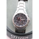 Gents Citizen stainless steel Eco Drive chronograph wristwatch with black dial and in good working