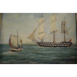 Original oil on canvas picture of a Man o'War ship signed lower right (indistinct), framed but