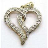 9ct gold diamond set heart pendant, L: 2.5 cm, 1.8g. P&P Group 1 (£14+VAT for the first lot and £1+