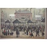 LS Lowry print of Market scene in Northern town, 60 x 46 cm, signed in pencil. This lot is not