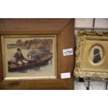 Antique type framed print Punt Fishing and a gilt framed silhouette. This lot is not available for