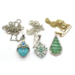 Sajen sterling silver stone set pendant necklace, a silver gilt green stone pendant necklace and a