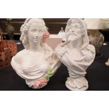 Two plaster busts, arab and young girl. H: 52 cm. This lot is not available for in-house P&P.