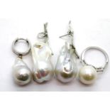 Silver mounted Baroque pearl ring and earrings and a white metal mounted pendant. P&P Group 1 (£14+