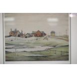 LS Lowry signed print, landscape with farm buildings, signed in pencil with gallery blind stamps, 50