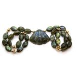 Boxed Continental opalescent hardstone bead necklace having a 10ct gold clasp and gold spacers, L: