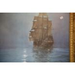 Unsigned Montague Dawson print of a sailing ship, framed and glazed, 67 x 54 cm. This lot is not