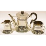 Hallmarked silver bachelor three piece tea set, 680g, assay Sheffield, 1906, maker RM EH. P&P