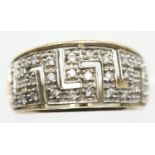9ct gold diamond set Greek key design ring, size J, 3.0g. P&P Group 1 (£14+VAT for the first lot and