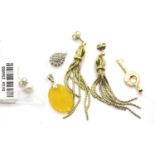 9ct gold key pendant, a presumed 9ct gold and diamond pendant, a pair of pearl earrings and a pair