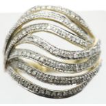 9ct gold seven strand diamond set ring, size Q, 5.4g, one stone missing. P&P Group 1 (£14+VAT for