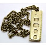 9ct gold ingot on 9ct gold chain, L: 18", 40g. This lot is not available for in-house P&P.