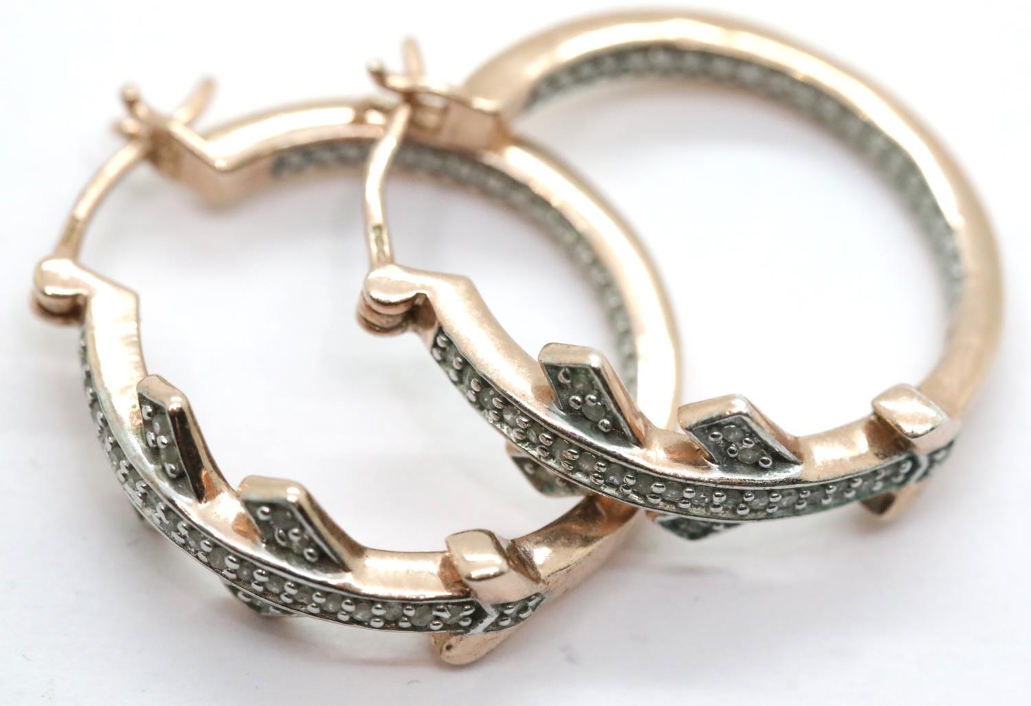 Pair of rose gilt silver diamond set hoop earrings, D: 2.5 cm, 8g. P&P Group 1 (£14+VAT for the