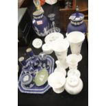 Collection of Wedgwood including Tunstall Adams Royal blue jasperware and Ice Rose pattern ceramics.