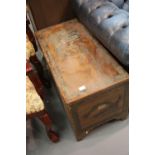 Oriental camphor wood heavily carved chest, L: 93 cm. This lot is not available for in-house P&P
