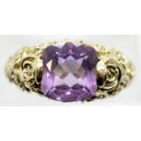 9ct gold amethyst set solitaire ring, the shank of multi-rose form, size S, 6.6g. P&P Group 1 (£14+