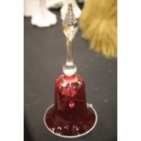 Cranberry glass bell, H: 33 cm, P&P Group 3 (£25+VAT for the first lot and £5+VAT for subsequent
