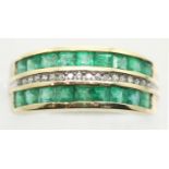 9ct gold green stone and diamond track set ring, size N, 3.9g. P&P Group 1 (£14+VAT for the first