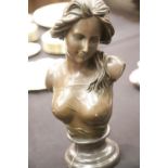 Weighted spelter Art Nouveau type head and shoulders bust of a woman signed to back, J Gerome, on