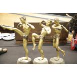 Three large brass kickboxing figurines. H: 40cm This lot is not available for in-house P&P