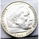 1936 - German Silver 5 Marks depicting Hindenburg and the Reich Eagle/Swastika - Berlin mint. P&P