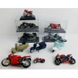11x Assorted Diecast Motorcycle Models - 4x In Case Boxes, All others Unboxed. P&P Group 2 (£18+
