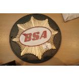 Cast iron green BSA sign, D: 24 cm. P&P Group 2 (£18+VAT for the first lot and £3+VAT for subsequent