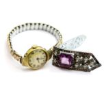 Gold plated Rotary wristwatch and an amethyst set clip. P&P group 1 (£14 + VAT for the first lot and