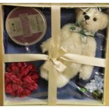 Deans white mohair bear/gift box with blue pashmina style scarf, Italian hand cream, hair decoration