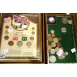 Framed and glazed WWII collection of coins and stamps including silver half crown, two shillings,