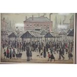 LS Lowry print of Market scene in Northern town, 60 x 46 cm, signed in pencil. This lot is not
